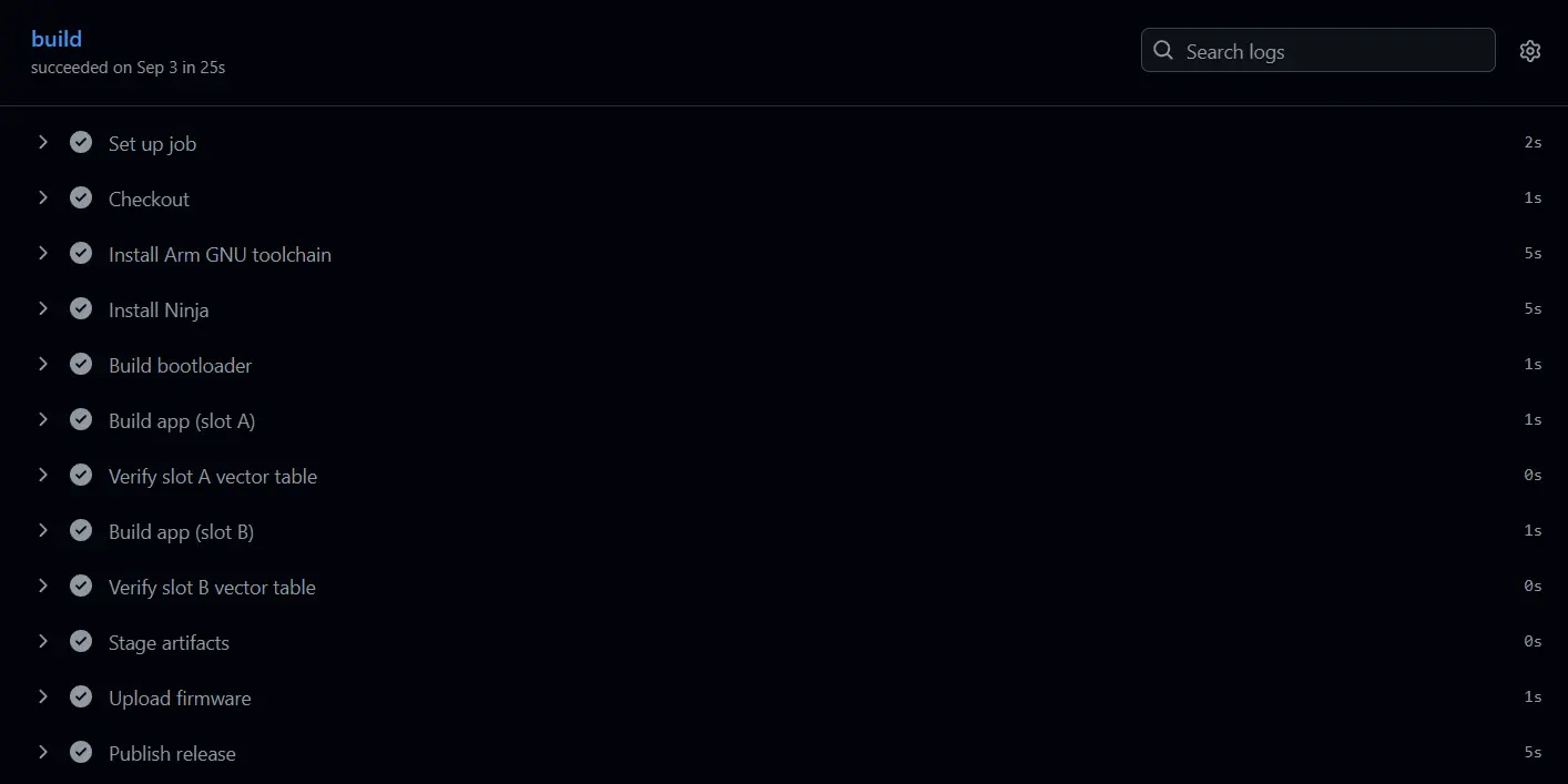 GitHub Actions run building the bootloader and both app slots, verifying vector tables, and publishing a release
